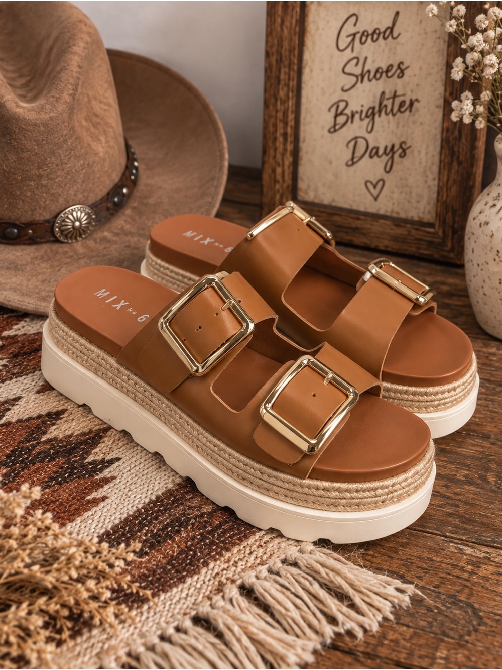 Mix No. 6 Tan Double Buckle Platform Slides